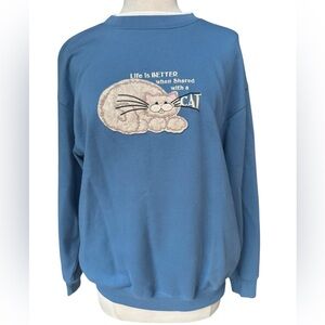 1990s M&C Sportwear Poly/Cotton Embroidered/Applique “Cat”‎ Crewneck Sweatshirt
